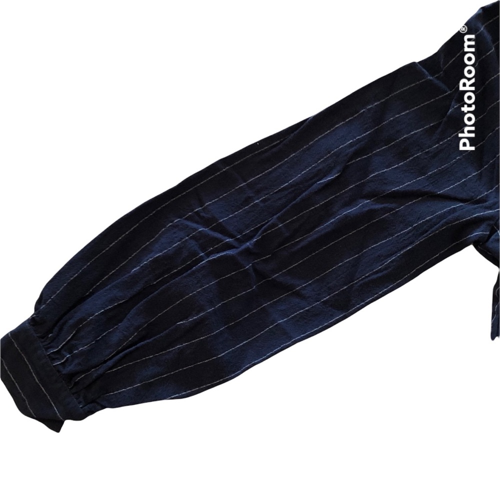 LOVERICHE VNECK BUTTON UP BLOUSE LONG SLEEVE NAVY WITH STRIPES SHIRT SIZE SMALL - Picture 5 of 6